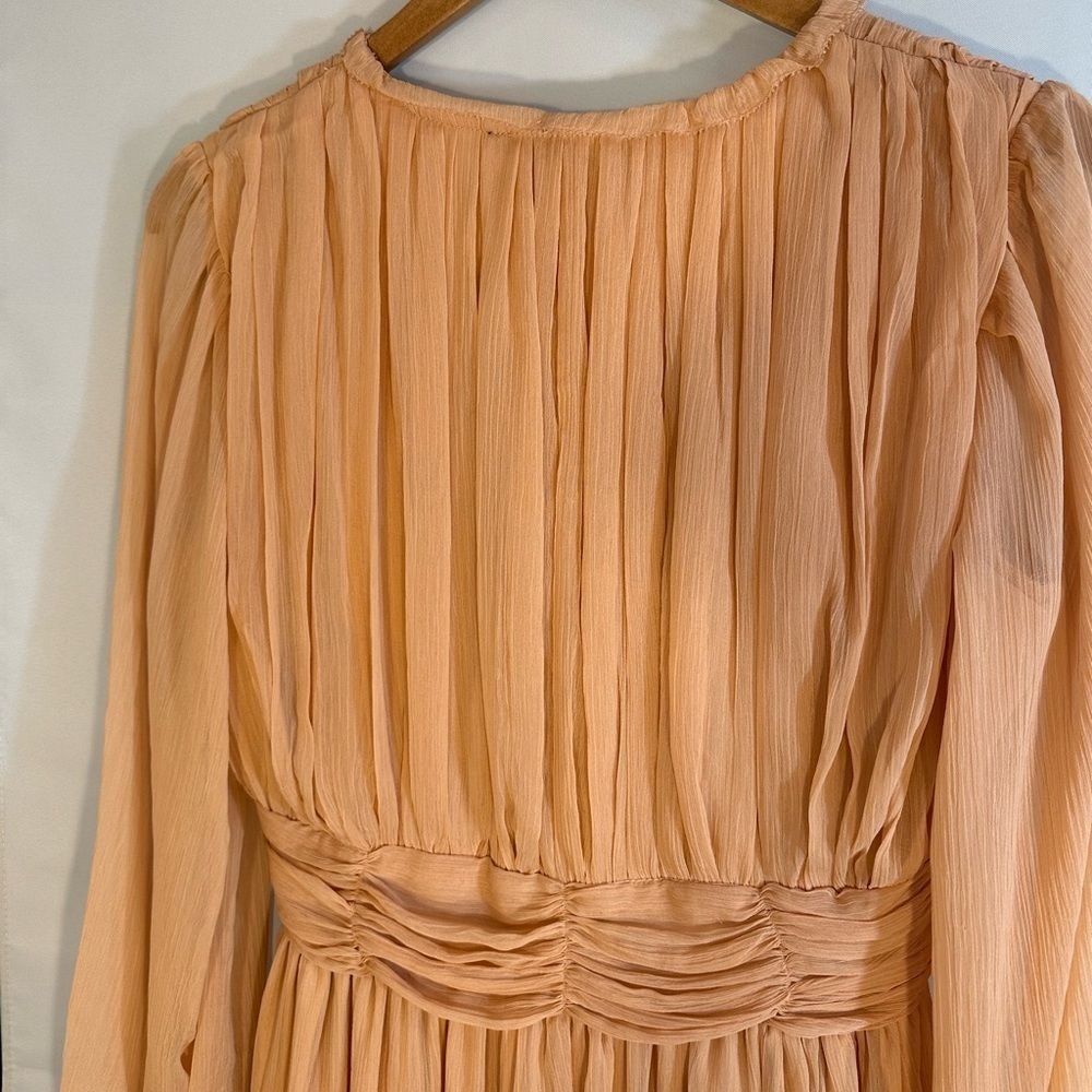 French Connection Akita Pleated Ruffled Long Sleeve Puff MIDI Dress Size 6 Pink - Picture 11 of 16